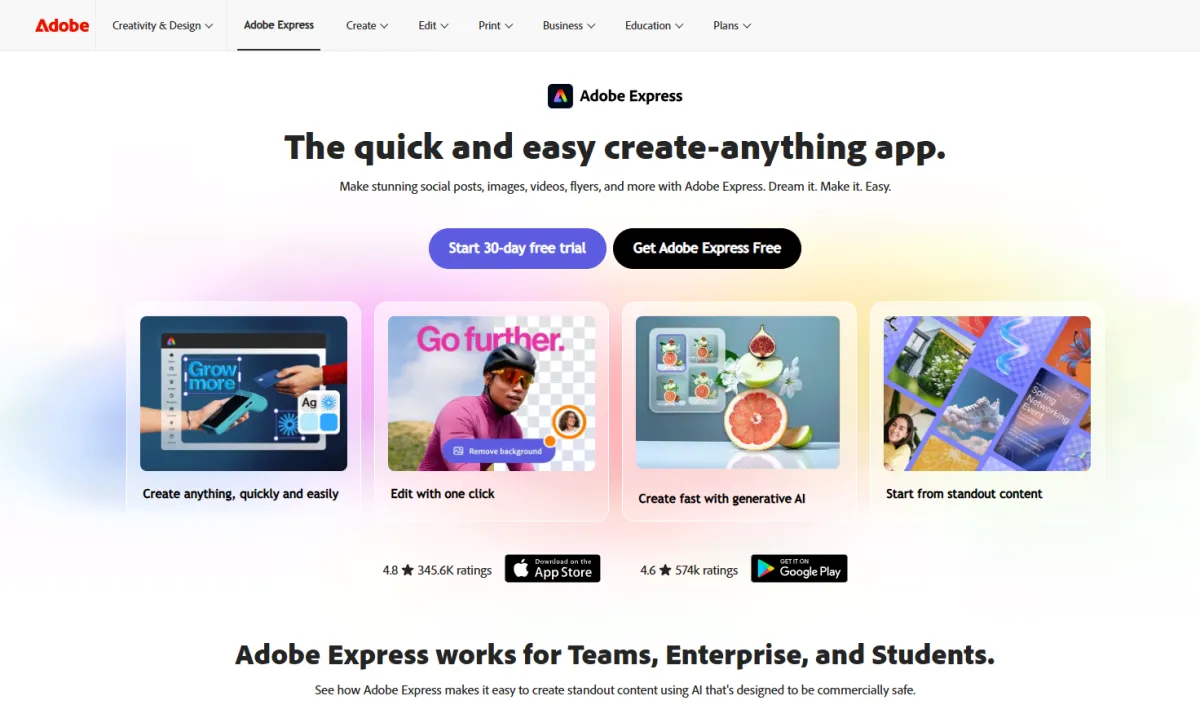 Adobe Express website screenshot